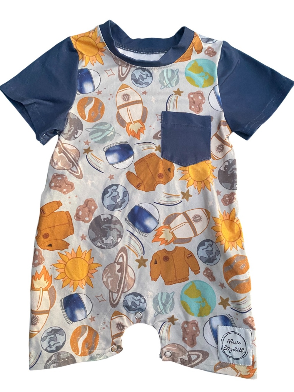 Marie Elizabeth Baby Space Print One-Piece Romper - Navy & Orange Size 3-6 Month
